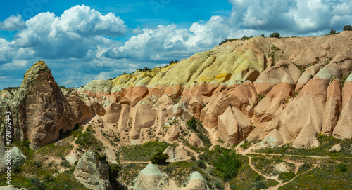 Martian landscape in Cappadocia, unique relief of mountains painted in yellow and pink colors