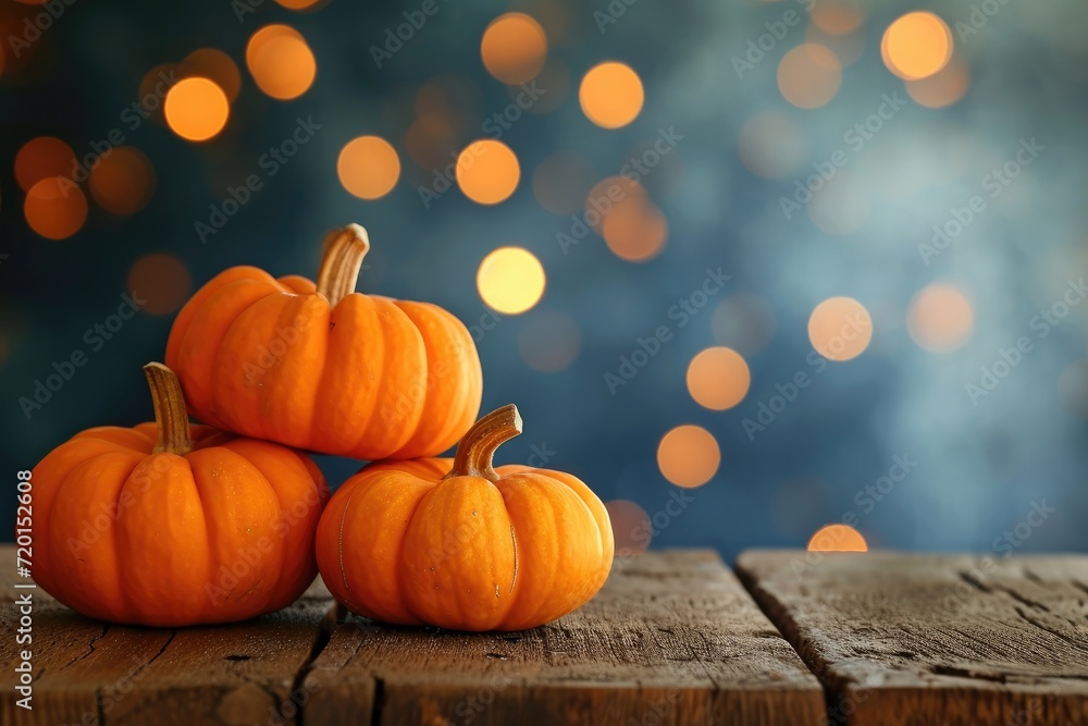 orange pumpkins on a wooden table on a bokeh glowing background copy space orange pumpkins on a wooden table on a bokeh glowing background copy space