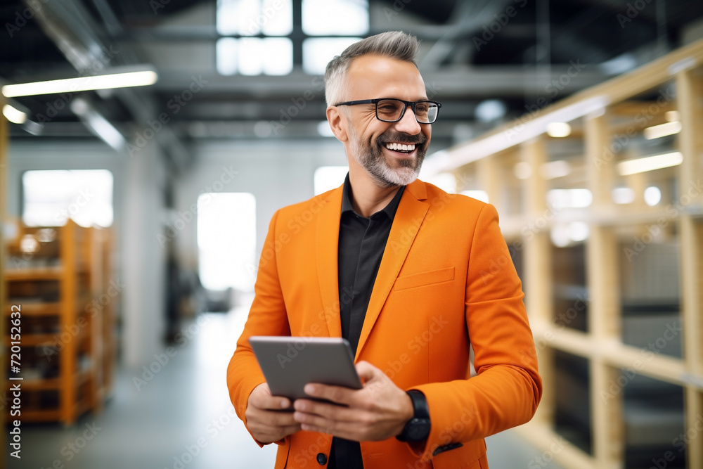 businessman in glasses, in orange jacket and blouse, smiling, in blurred background, holds tablet in hands businessman in glasses, in orange jacket and blouse, smiling, in blurred background, holds tablet in hands