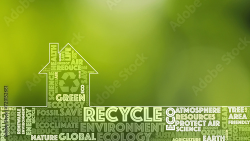Recycle green eco word cloud on blurry nature illustration background.