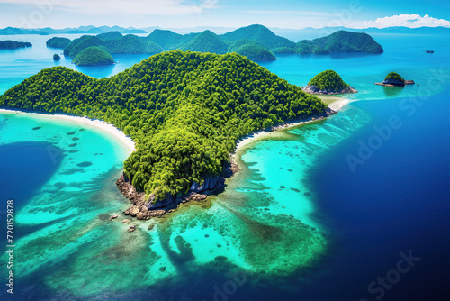 Luxuriant greenery crowns a secluded island, its shores kissed by the crystal-clear waters.