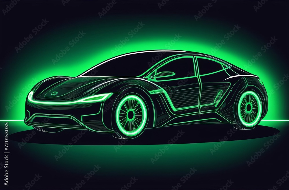 neon image of an electric car that is charging at a station on a black background. The concept of electric cars and green energy neon image of an electric car that is charging at a station on a black background. The concept of electric cars and green energy