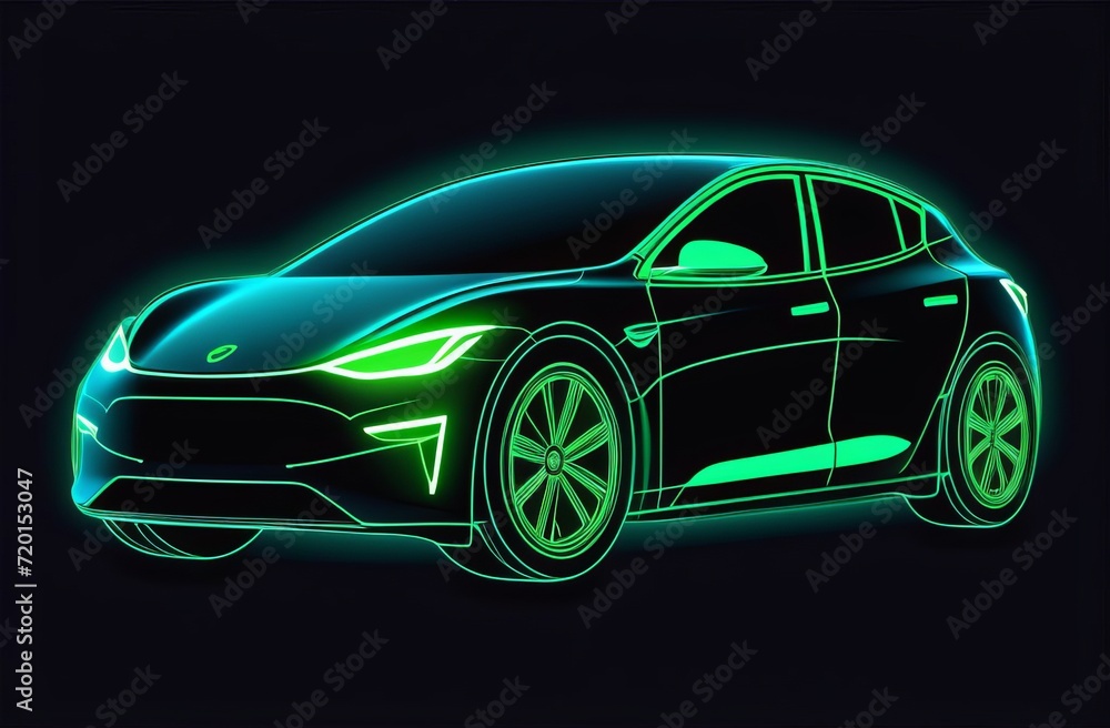 neon image of an electric car that is charging at a station on a black background. The concept of electric cars and green energy neon image of an electric car that is charging at a station on a black background. The concept of electric cars and green energy
