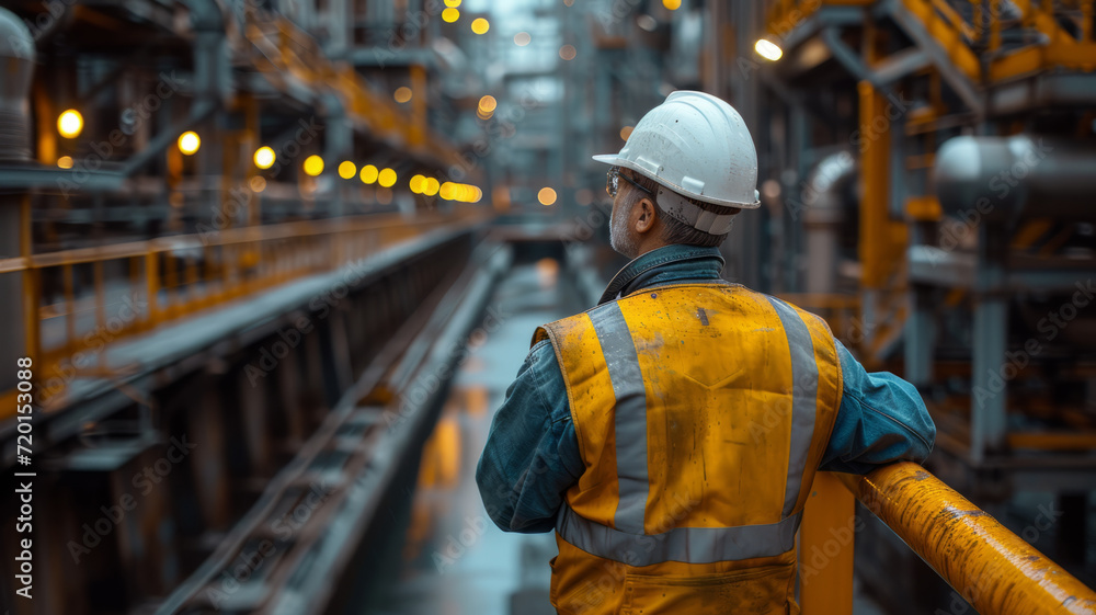 A dam engineering doing his checking routine. He is wearing a white hard hat and yellow transparent vest. He is standing by the rail by the dam. generative ai. A dam engineering doing his checking routine. He is wearing a white hard hat and yellow transparent vest. He is standing by the rail by the dam. generative ai.
