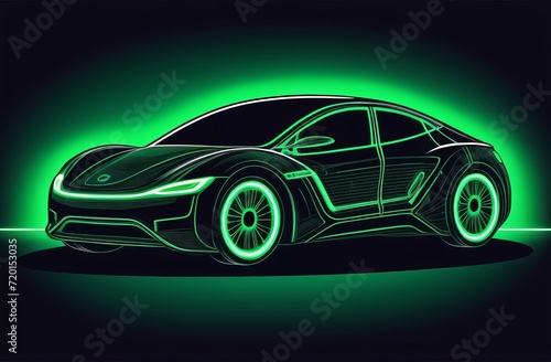 neon image of an electric car that is charging at a station on a black background. The concept of electric cars and green energy