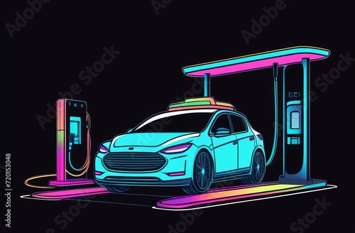 neon image of an electric car that is charging at a station on a black background. The concept of electric cars and green energy photo