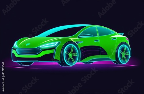 neon image of an electric car that is charging at a station on a black background. The concept of electric cars and green energy