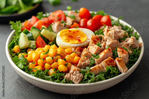 tuna salad with egg, vegetables and corn in bowl spices, selective focus