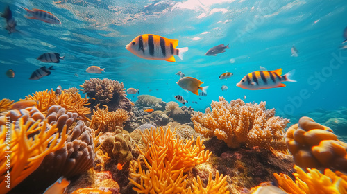 Tropical sea underwater fishes on coral reef. Aquarium oceanarium wildlife colorful marine panorama landscape nature snorkel diving. Underwater coral reef fish shoal landscape. Coral reef underwater. photo