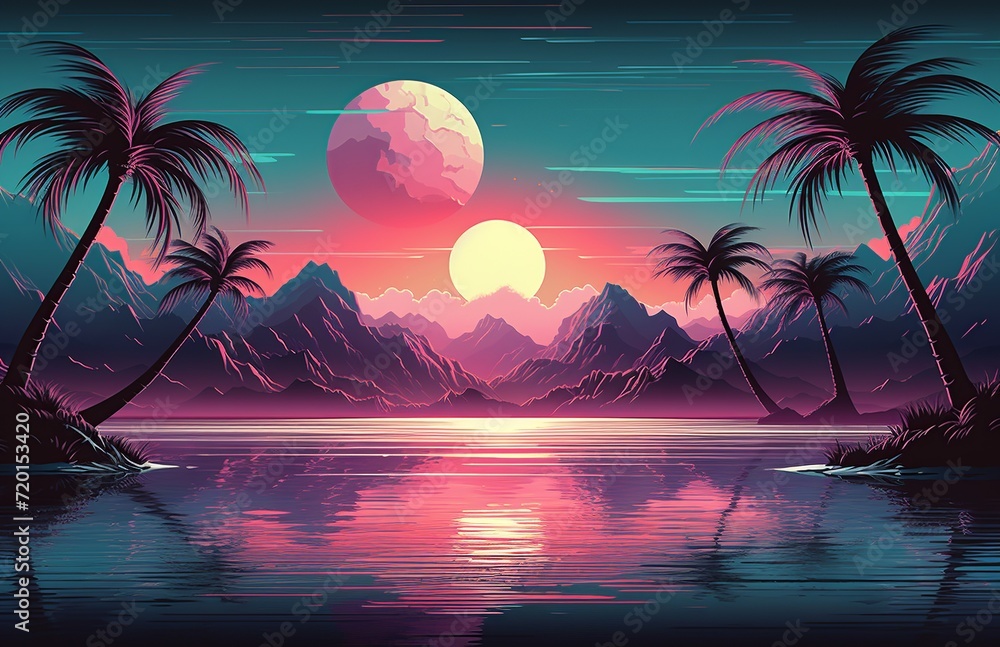 Tropical Beach with Lush Palms and Pink Moonrise