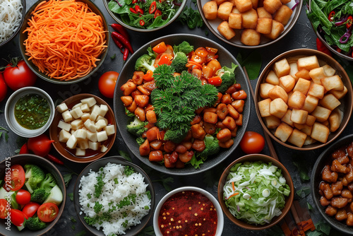 thai food, salads and wok, asian food, top view, bowls