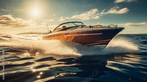 Sleek speedboat cutting through ocean waves at sunset with mountains in the distance. photo
