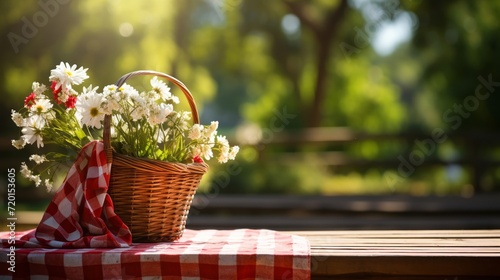 Picnic basket with fresh flowers on a red and white checkered tablecloth in sunlight.
