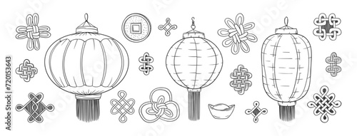 Chinese lanterns set. Asian doodles. Asia culture symbols. Chinese lucky knot charm. Lucky knot amulet. Red lantern. Chinese New Year decoration.