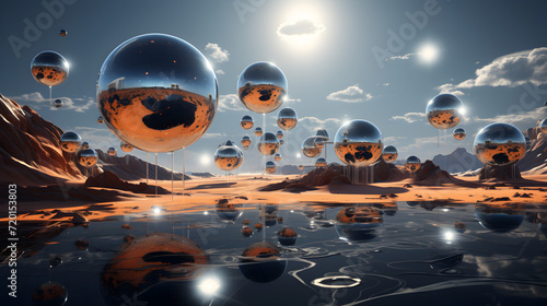 Planet of mirrors that reflect future choices octa 00533 02,,
dreamlike scene of a surreal landscape with float Free Photo photo
