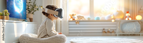Child in virtual reality googles sitting indoors. Future innovation and knowledges concept. photo