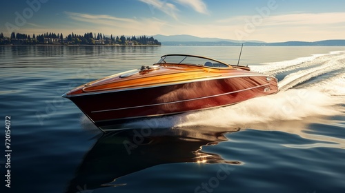 Sleek speedboat cutting through ocean waves at sunset with mountains in the distance. © maniacvector