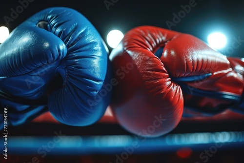 Two male hands in red and blue boxing gloves.