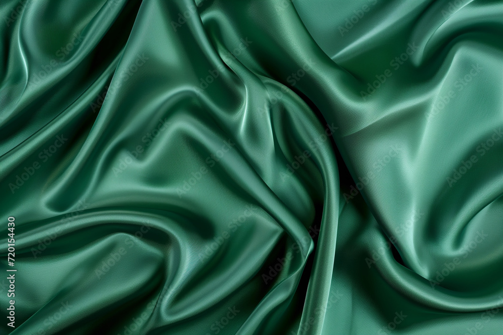 Obraz premium silk satin green color, creases in fabric, elegant background with copy space, top view