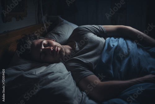young man sleeping on bed in dark room, blurred background, glare on face