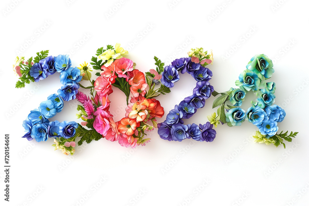 inscription 2024 made of flowers buds multicolored, isolated on white background inscription 2024 made of flowers buds multicolored, isolated on white background