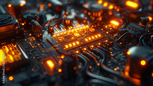 Abstract high-tech background, 3D rendering of technological circuits and chips