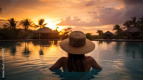 Rear view of a beautiful woman in a straw hat, swimsuit on vacation in the pool of a luxury spa hotel at sunset. Travel, Vacation concepts.