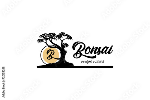 Unique and beautiful natural bonsai tree logo design, abstract art tree silhouette