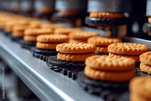automatic bakery production line with round sweet biscuits on conveyor belt, factory, selective focus photo