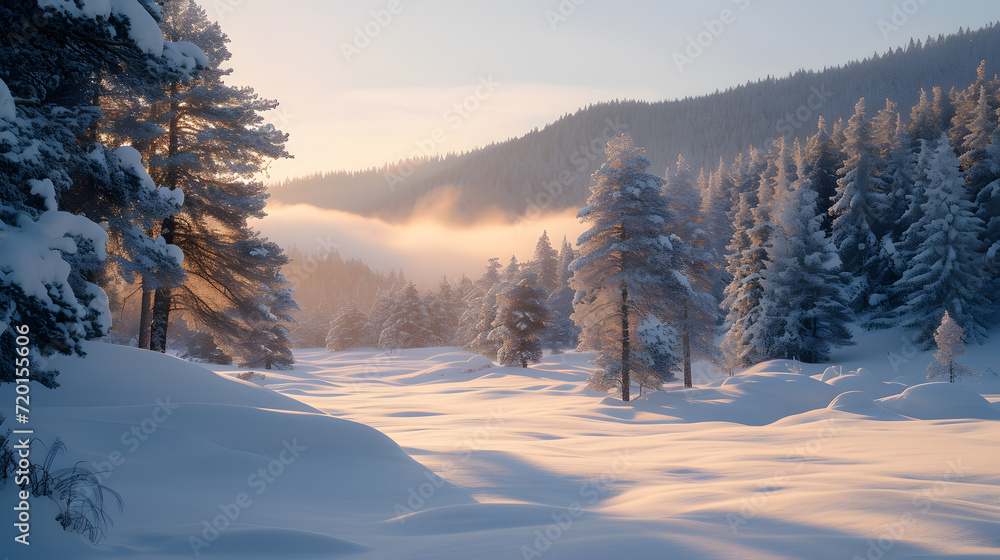 A snow-covered pine forest, with pristine white snow as the background, during a serene winter morning