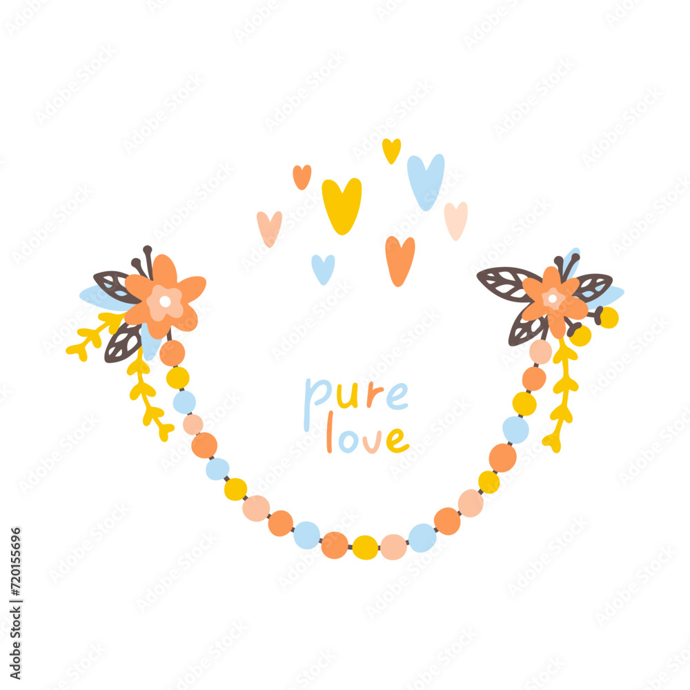 Fototapeta premium Baby beads with flowers nursery boho poster. Cute childish element in simple hand-drawn Scandinavian cartoon doodle style. Limited pastel palette ideal for print.