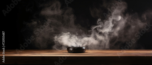 An enigmatic scene with a black background, an empty wooden table, and a smoke-filled podium, creating an intriguing and mysterious ambiance. photo
