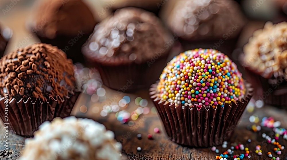 Close-up of decadent chocolate brigadeiros covered with sprinkles on a rustic wooden background. Close-up of decadent chocolate brigadeiros covered with sprinkles on a rustic wooden background.
