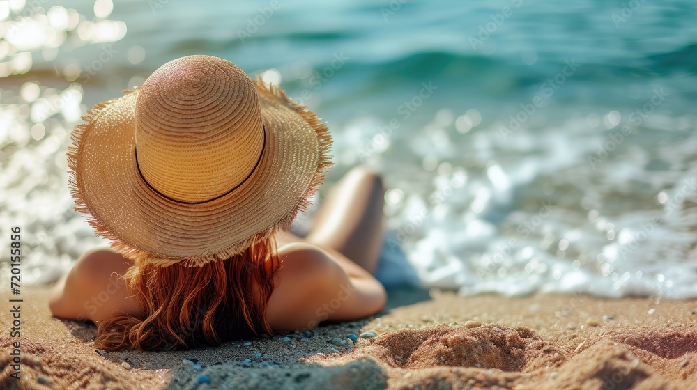 woman in straw hat lies on the sea beach. Summer vacation concept