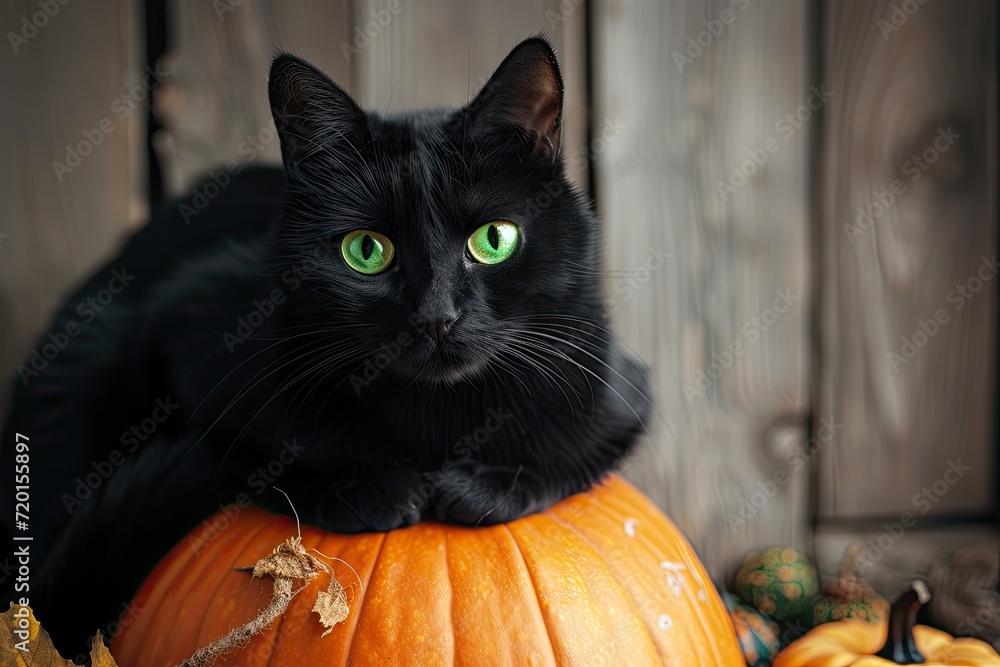 A spooky black cat with glowing green eyes sitting on a pumpkin Halloween Cat on pumpkin A spooky black cat with glowing green eyes sitting on a pumpkin Halloween Cat on pumpkin