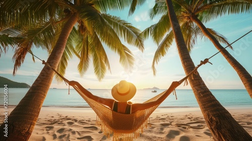 young woman in straw hat sitting in a hammock swinging between a palm trees on the overseas island sand beach at sunrise time