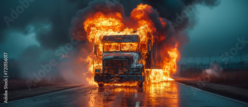 Burning delivery vehicle engulfed in flames and smoke by roadside ,generative ai. photo