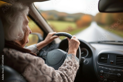 a modern focused elderly woman confidently drives a car, the concept of an active old age and a happy life photo
