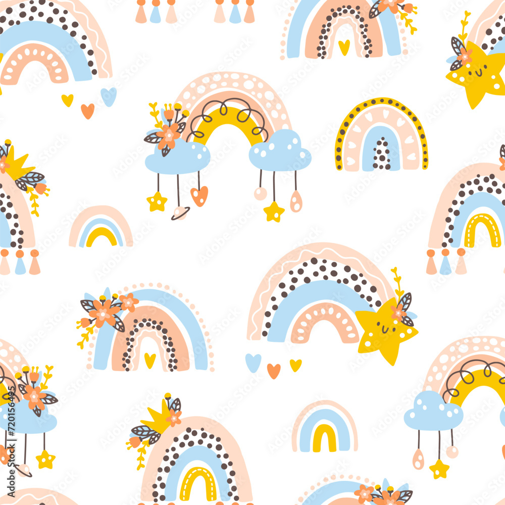 Nursery rainbows seamless pattern. Vector background with cute baby shower elements in simple hand-drawn Scandinavian cartoon doodle style. Limited pastel palette ideal for print.