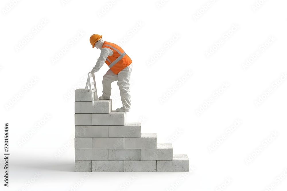 3D rendering model of a building construction worker wearing safety clothing, climbing a ladder 3D rendering model of a building construction worker wearing safety clothing, climbing a ladder