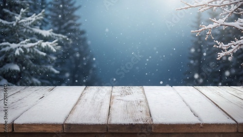 Empty wooden snow covered table on blurry snowy background  copy space for product