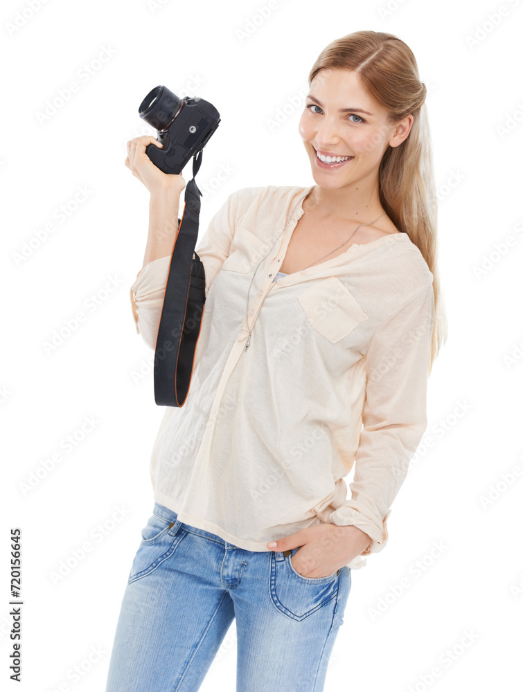 Portrait, creative photographer and happy woman with camera in studio isolated on a white background. Confident person, paparazzi and technology for hobby, taking pictures or professional photoshoot Portrait, creative photographer and happy woman with camera in studio isolated on a white background. Confident person, paparazzi and technology for hobby, taking pictures or professional photoshoot