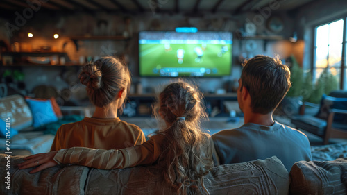 Caucasian family watching tv with football match on screen. Global sport concept, digital composite image, generative ai photo