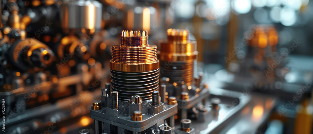 Close up of pistons in cylinder with four valves in a modern engine with gears nearby, generative ai. Close up of pistons in cylinder with four valves in a modern engine with gears nearby, generative ai.