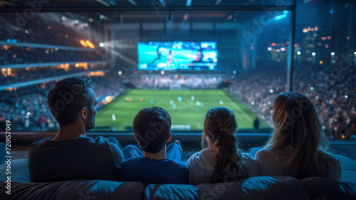 Caucasian family watching tv with football match on screen. Global sport concept, digital composite image, generative ai