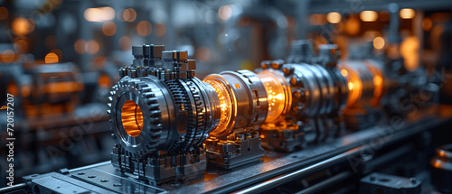 Close up of pistons in cylinder with four valves in a modern engine with gears nearby, generative ai.