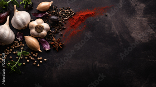 Garlic cloves with spices and herbs on a dark