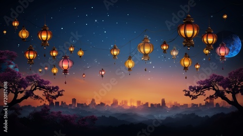 Enchanting night scene with lanterns and a palace amidst clouds.