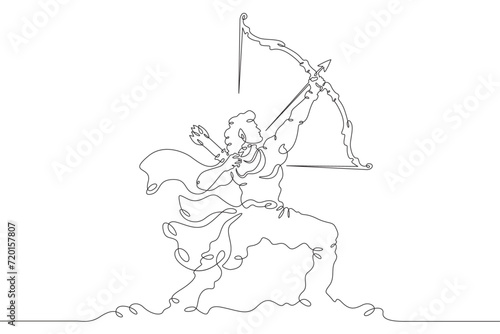 Lord Rama with arrow and bow. Celebrations of Sri Rama Navami. Mystic Archer.India.One continuous line drawing. Linear. Hand drawn, white background. One line