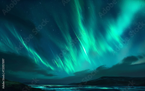 Northern lights in starry sky northern nature nebula cosmic starry sky background © lin